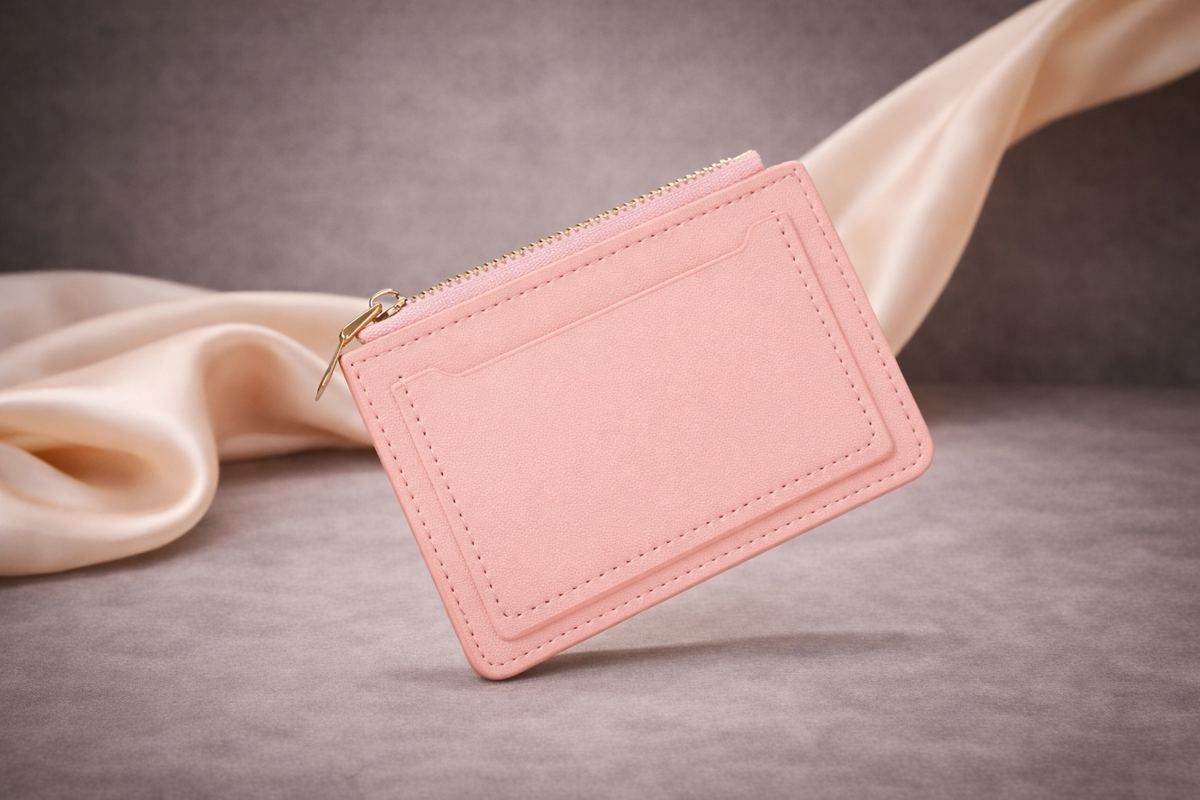 Porte-cartes femme en cuir rose clair Novaleor – modèle compact avec fermeture zippée sur fond premium
