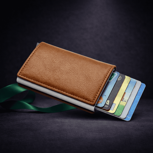 Porte-cartes RFID en aluminium marron clair avec étui premium et cartes accessibles | Novaleor