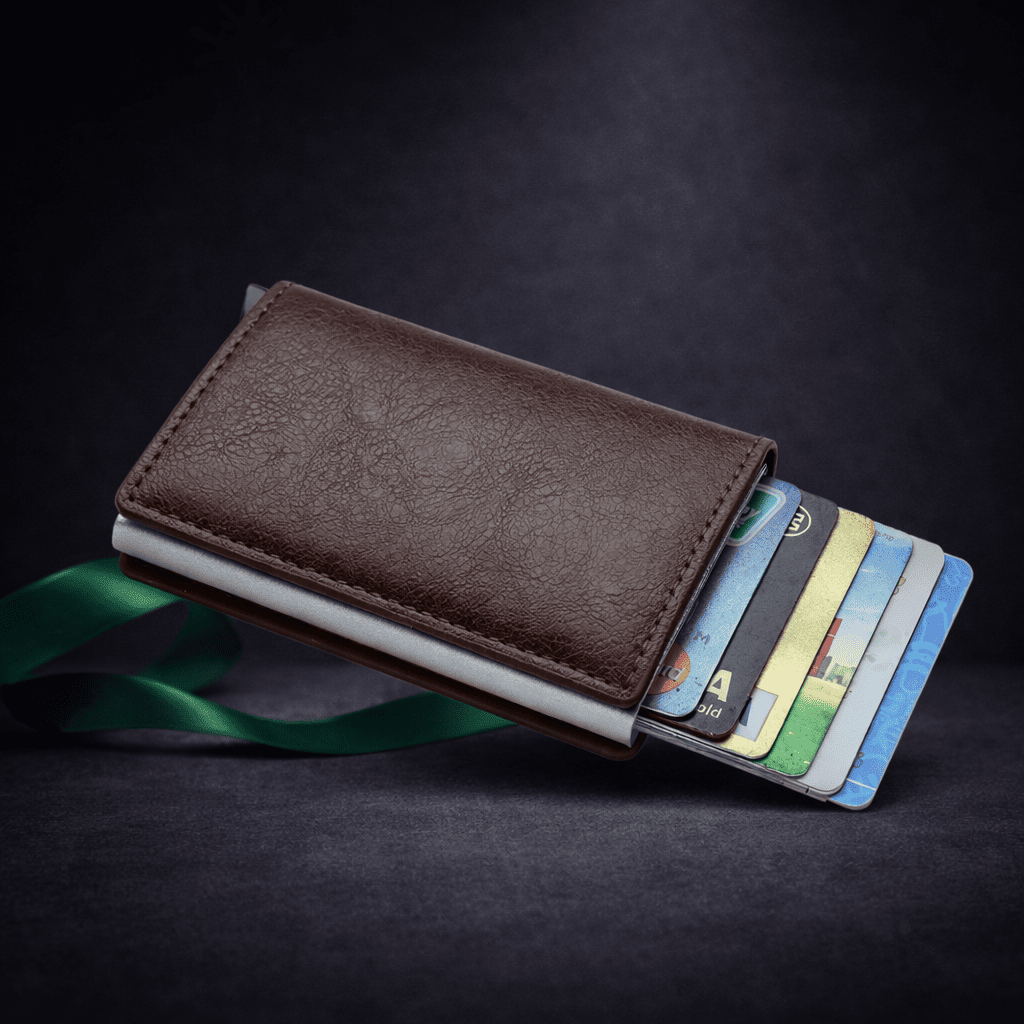 Porte-cartes RFID en aluminium marron foncé avec étui élégant et protection anti-scan | Novaleor