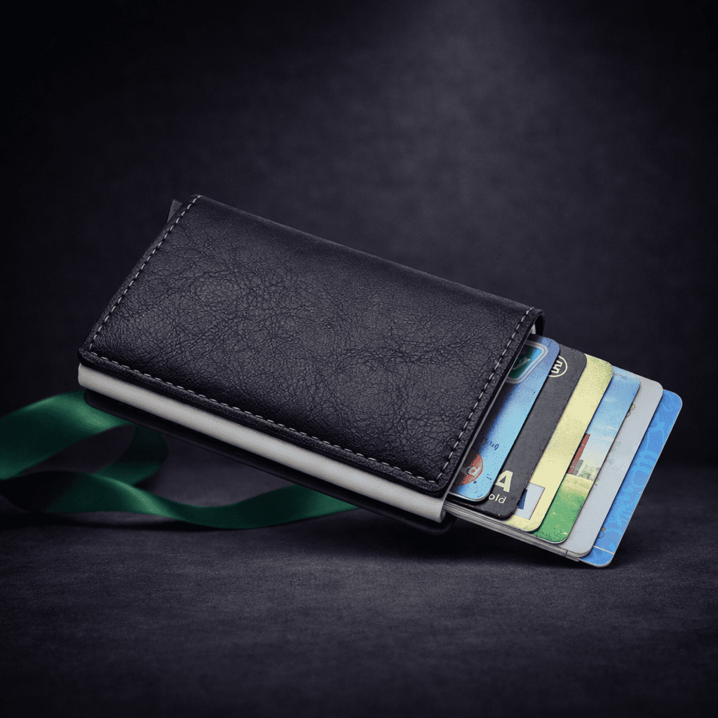 Porte-cartes RFID en aluminium noir avec mécanisme éjecteur et étui premium | Novaleor