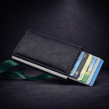 Porte-cartes RFID en aluminium noir avec mécanisme éjecteur et étui premium | Novaleor