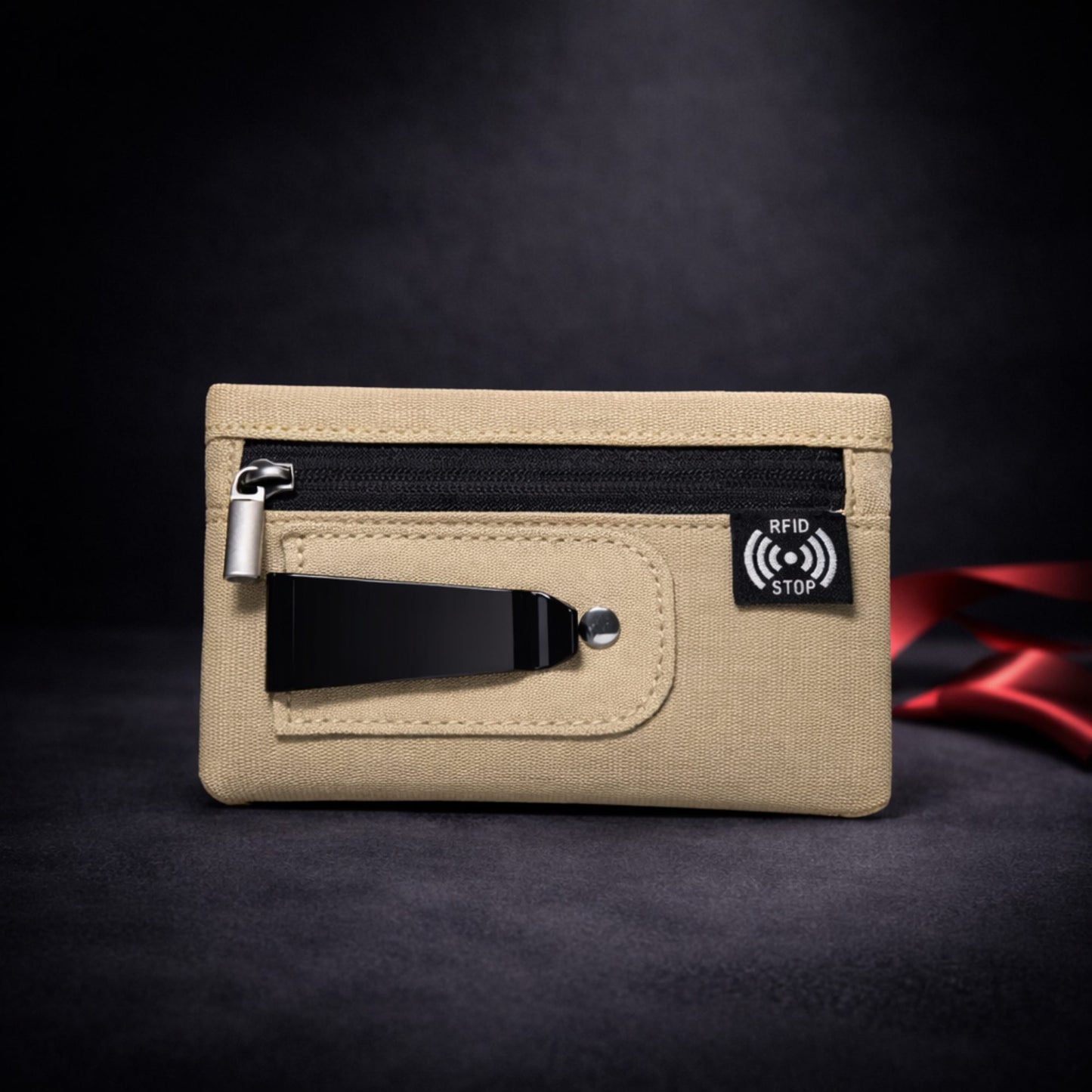 Portefeuille RFID homme en nylon beige avec fermeture zippée - Novaleor
