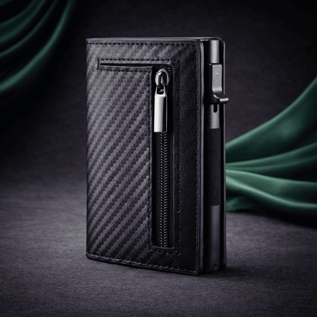 portecarte femme et homme RFID compact effet carbone avec fermeture zippée et clip cartes | Novaleor