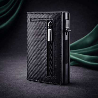 portecarte femme et homme RFID compact effet carbone avec fermeture zippée et clip cartes | Novaleor