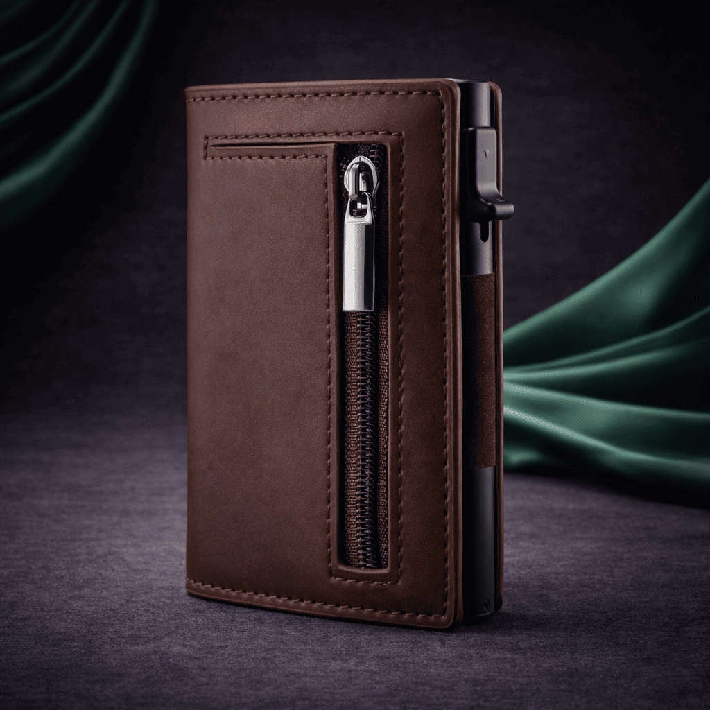 portecarte homme et femme RFID compact en cuir marron avec fermeture zippée et mécanisme cartes | Novaleor