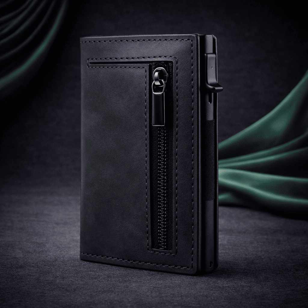 portecarte homme et femme RFID compact noir avec zip sécurisé et mécanisme cartes | Novaleor