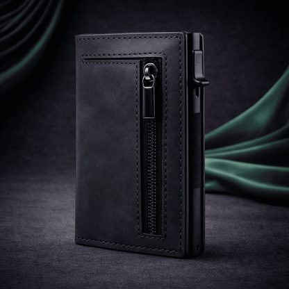portecarte homme et femme RFID compact noir avec zip sécurisé et mécanisme cartes | Novaleor