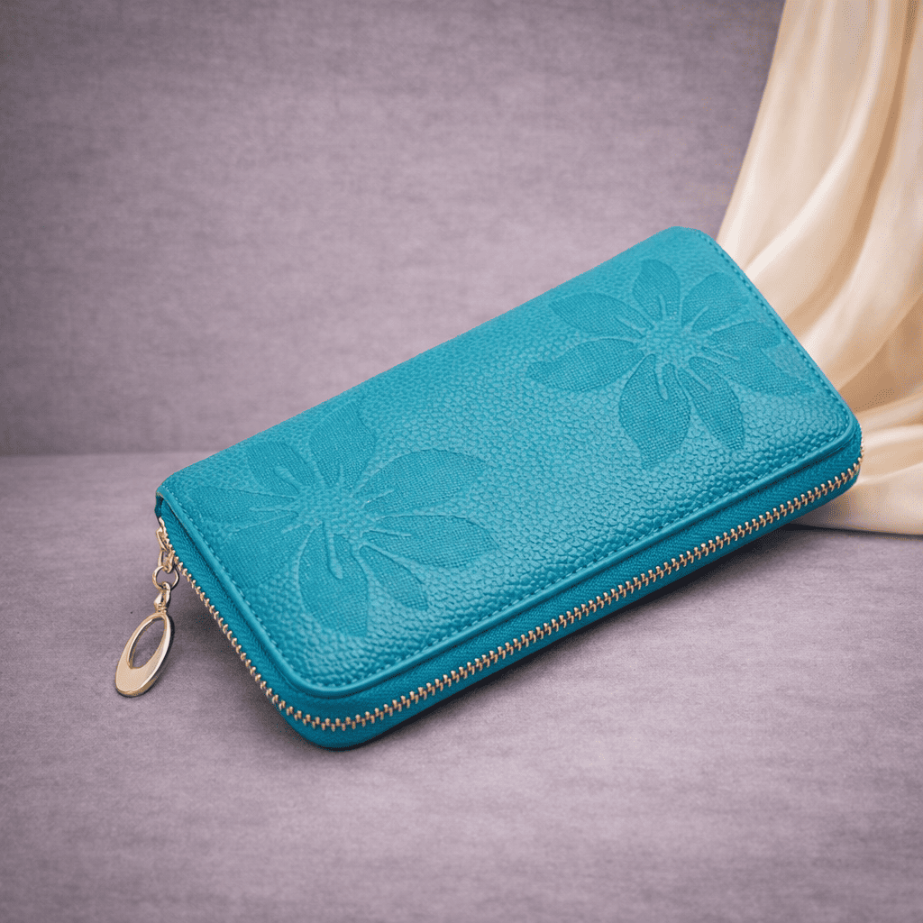 Portefeuille femme bleu ciel en cuir texturé à motifs floraux avec fermeture éclair | Novaleor