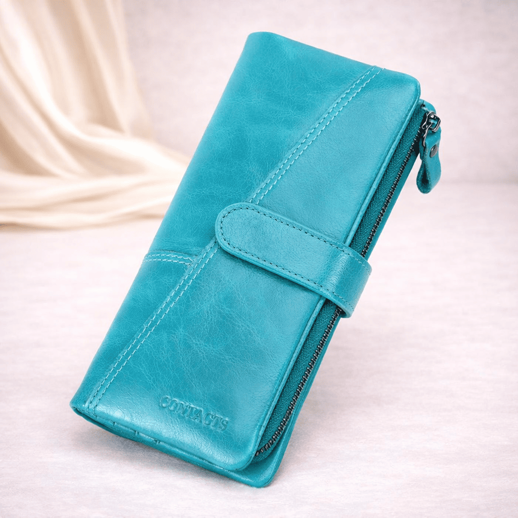Portefeuille femme en cuir véritable bleu ciel avec fermeture zippée | Novaleor