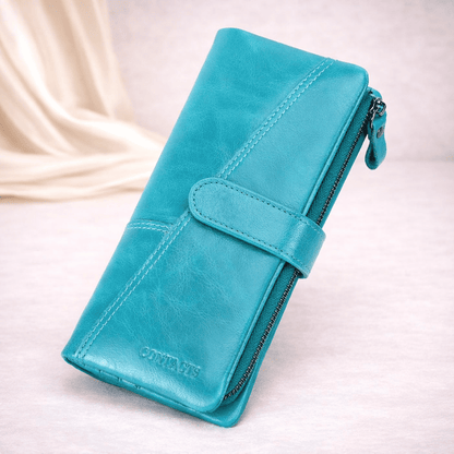 Portefeuille femme en cuir véritable bleu ciel avec fermeture zippée | Novaleor