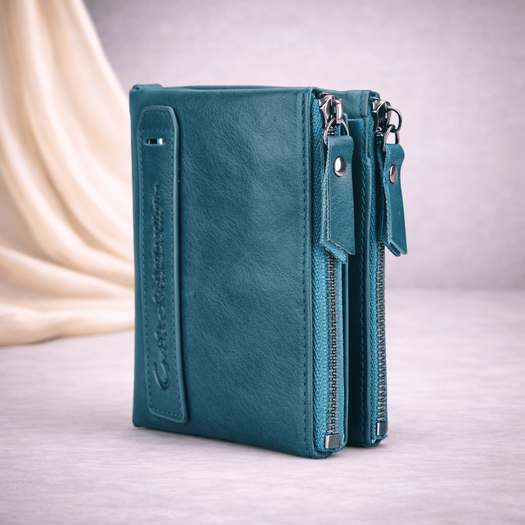 Portefeuille femme en cuir bleu pétrole compact avec compartiments zippés | Novaleor