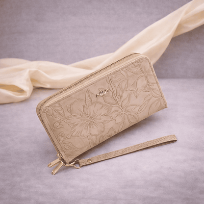 Portefeuille femme en cuir beige à motif floral avec fermeture zippée | Novaleor
