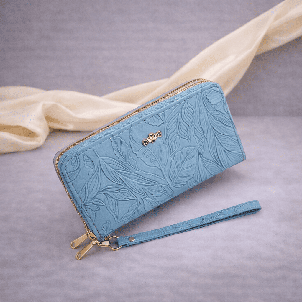Portefeuille femme en cuir bleu à motif floral avec fermeture zippée | Novaleor