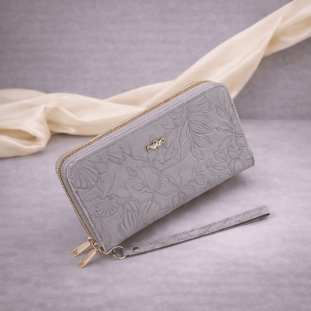 Portefeuille femme en cuir gris à motif floral avec fermeture zippée | Novaleor