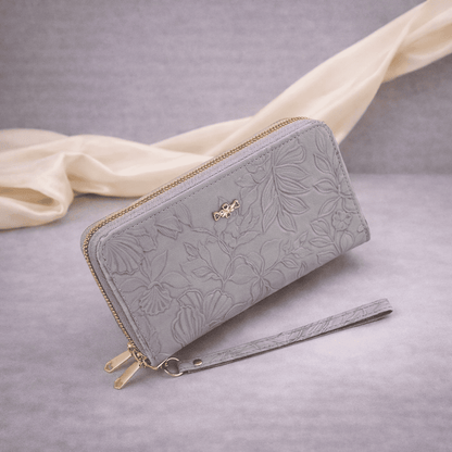 Portefeuille femme en cuir gris à motif floral avec fermeture zippée | Novaleor