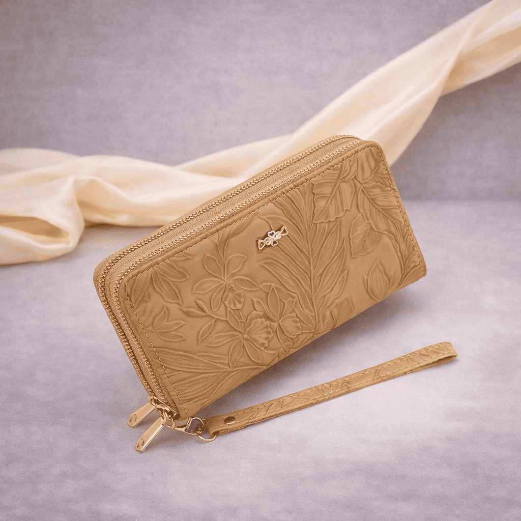 Portefeuille femme en cuir marron à motif floral avec fermeture zippée | Novaleor