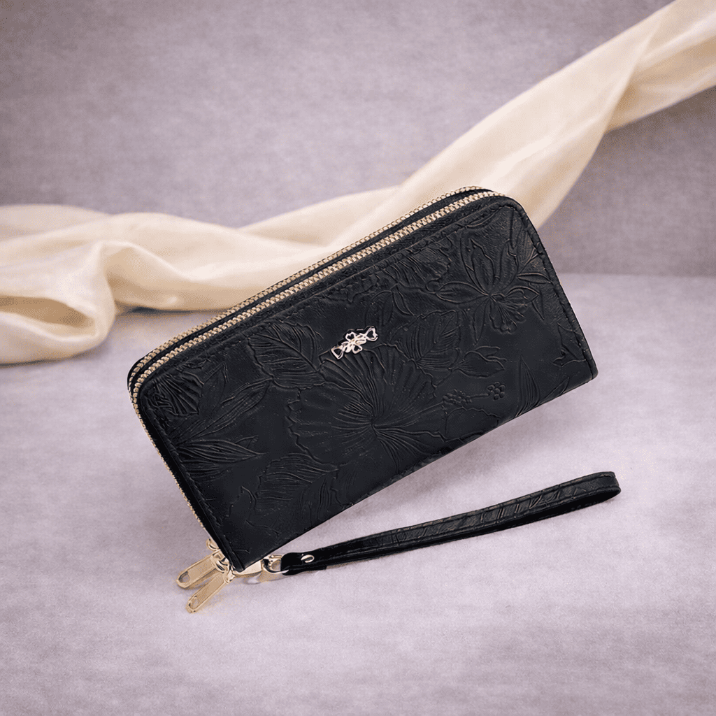 Portefeuille femme en cuir noir à motif floral avec fermeture zippée | Novaleor