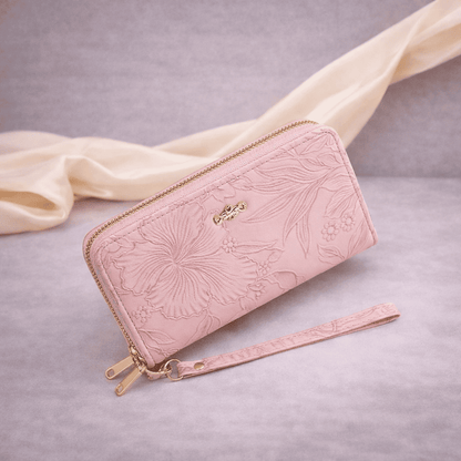 Portefeuille femme en cuir rose à motif floral avec fermeture zippée | Novaleor