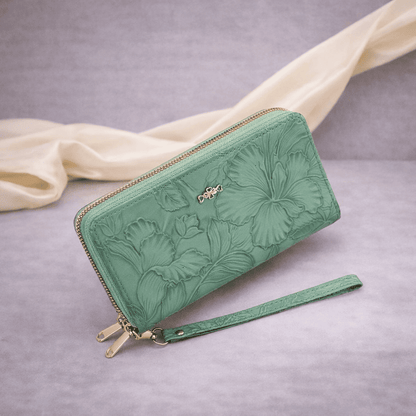 Portefeuille femme en cuir vert à motif floral avec fermeture zippée | Novaleor