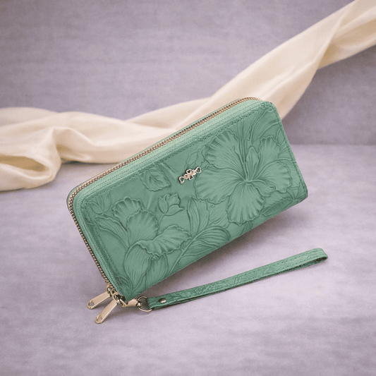 Portefeuille femme en cuir vert à motif floral avec fermeture zippée | Novaleor