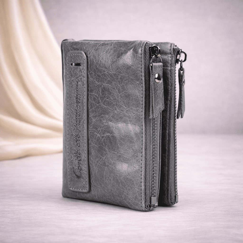 Portefeuille femme en cuir gris compact avec rangement zippé | Novaleor