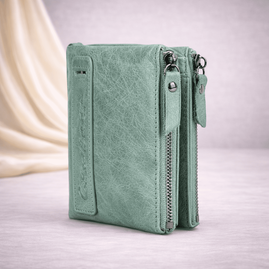 Portefeuille femme en cuir gris verdâtre compact avec fermeture éclair | Novaleor