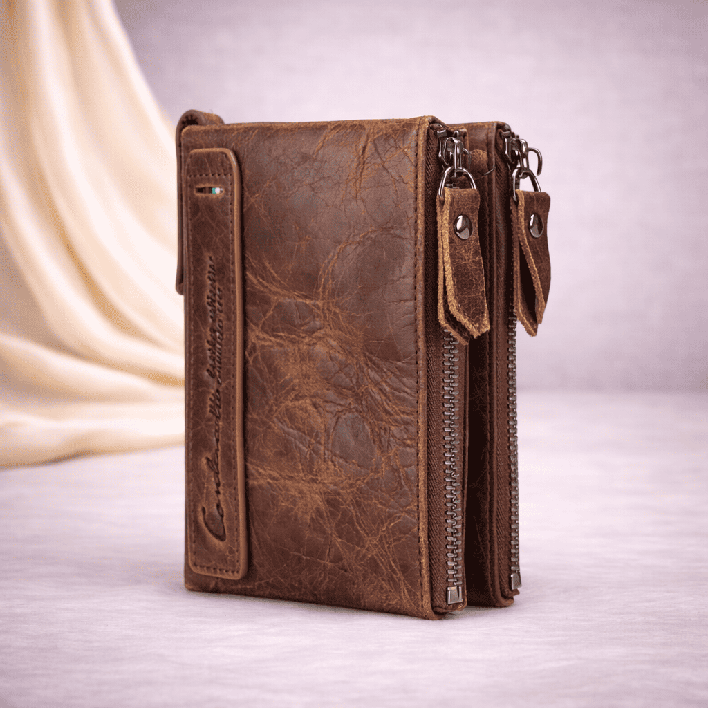 Portefeuille femme en cuir marron vintage compact à double zip | Novaleor