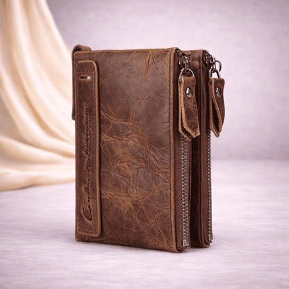 Portefeuille femme en cuir marron vintage compact à double zip | Novaleor