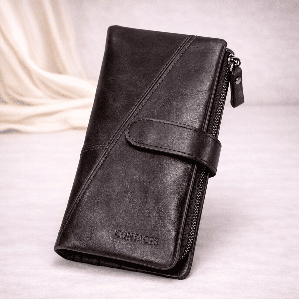 Portefeuille femme en cuir véritable marron foncé avec poche zippée et fermeture pression | Novaleor