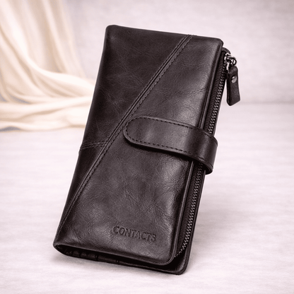 Portefeuille femme en cuir véritable marron foncé avec poche zippée et fermeture pression | Novaleor