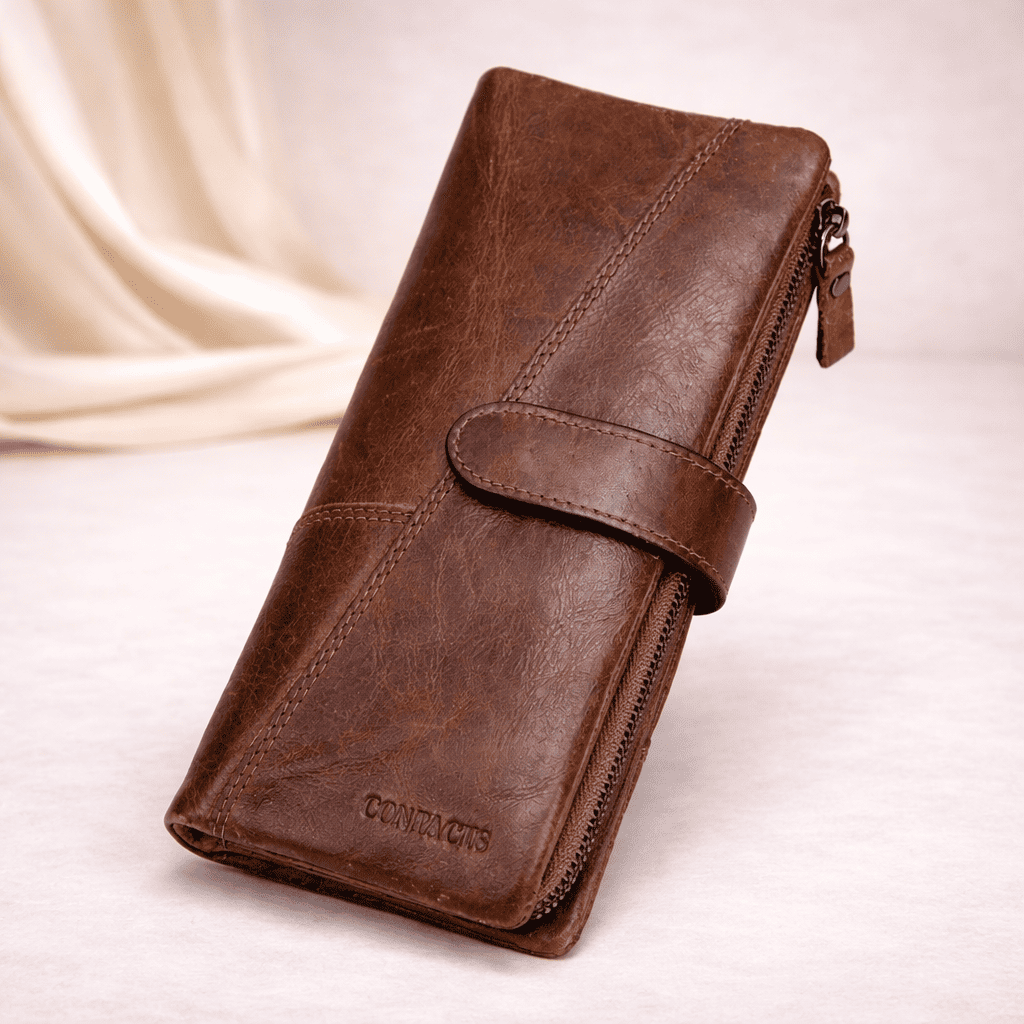 Portefeuille femme en cuir véritable marron avec fermeture zippée laterale | Novaleor