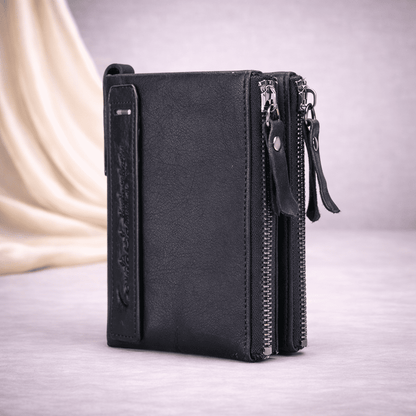 Portefeuille femme en cuir noir compact avec poches zippées | Novaleor