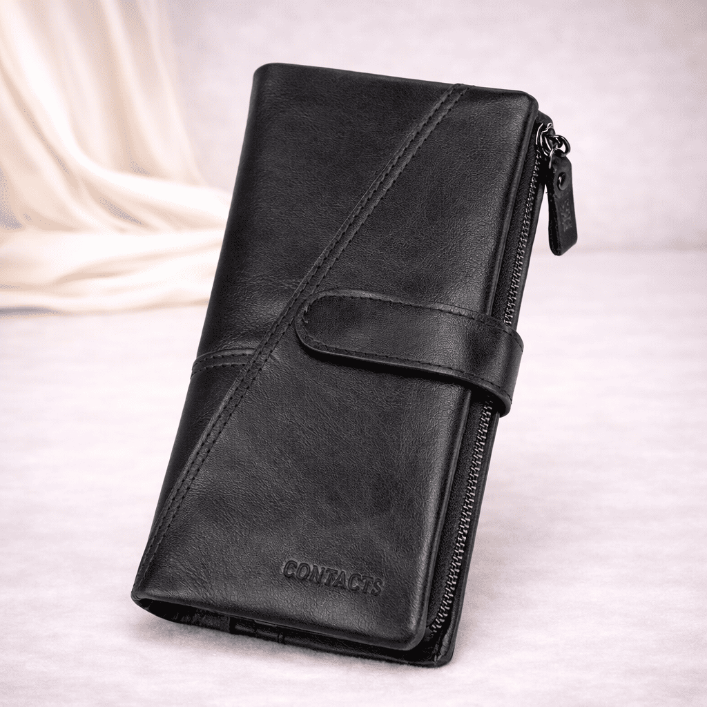 Portefeuille femme en cuir véritable noir avec fermeture zippée et finition elegante | Novaleor