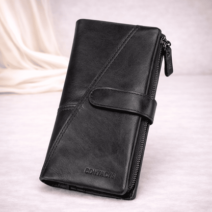 Portefeuille femme en cuir véritable noir avec fermeture zippée et finition elegante | Novaleor