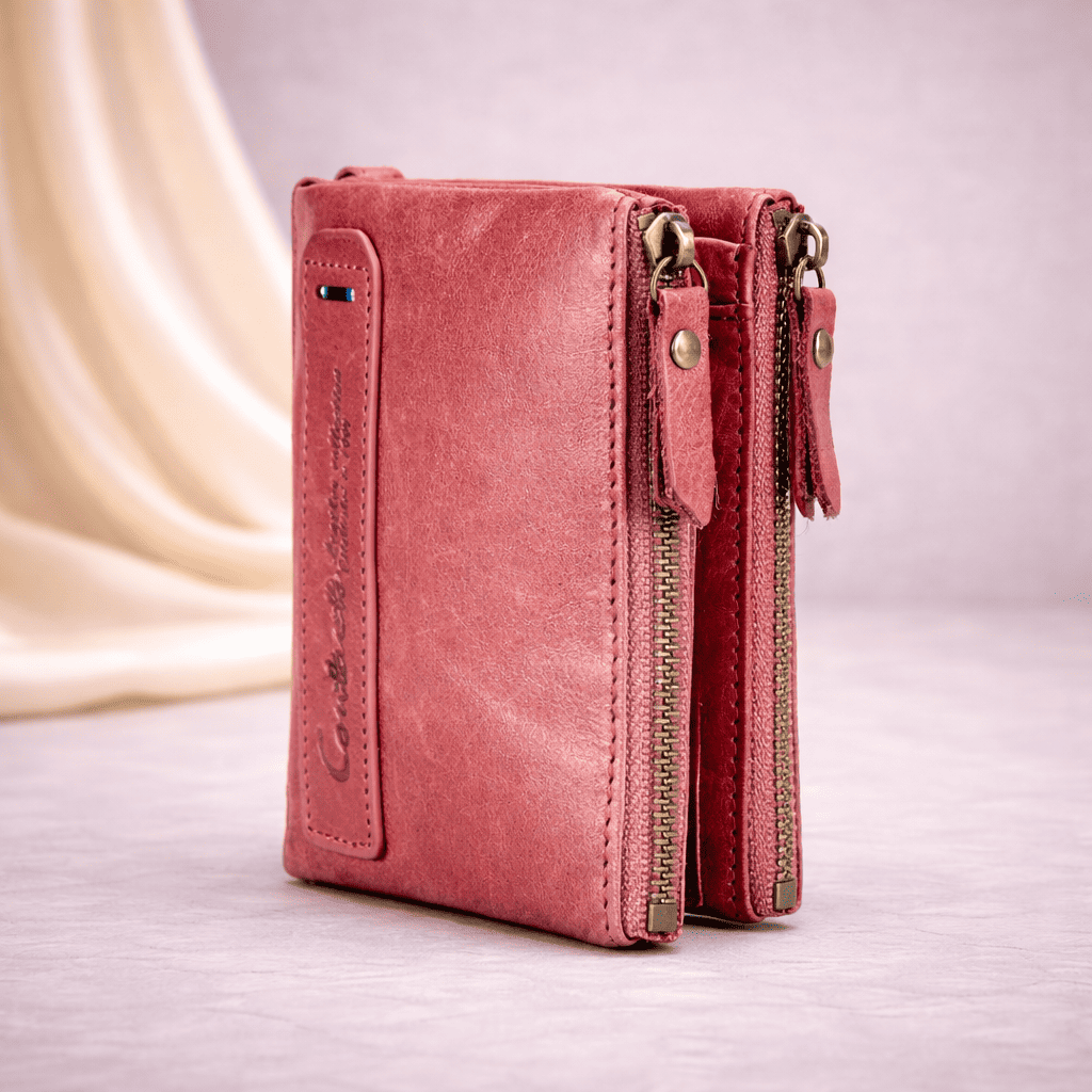 Portefeuille femme en cuir rose compact à double fermeture éclair | Novaleor