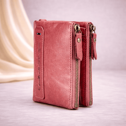 Portefeuille femme en cuir rose compact à double fermeture éclair | Novaleor