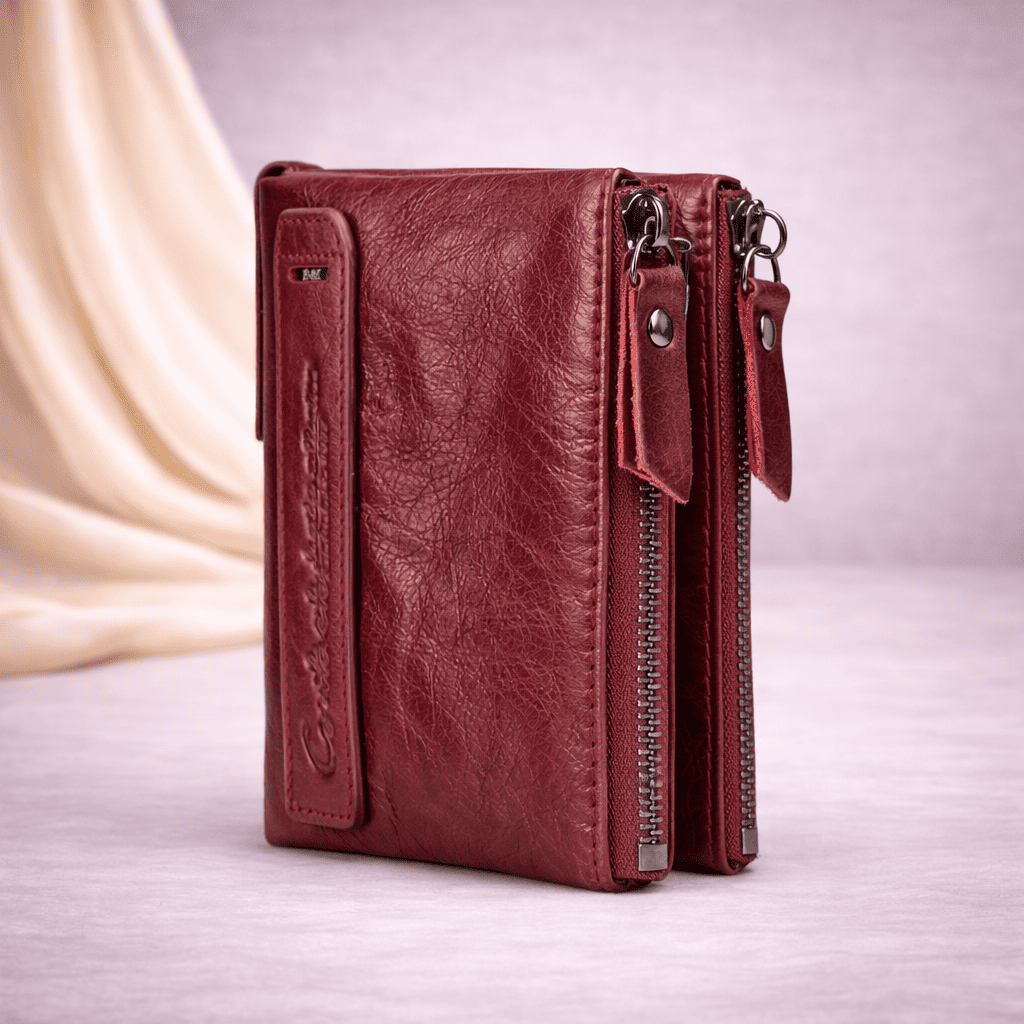 Portefeuille femme en cuir rouge bordeaux compact avec fermetures zippées | Novaleor