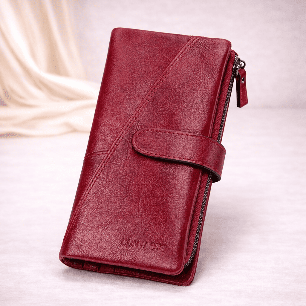 Portefeuille femme en cuir véritable rouge avec compartiments multiples et zip | Novaleor
