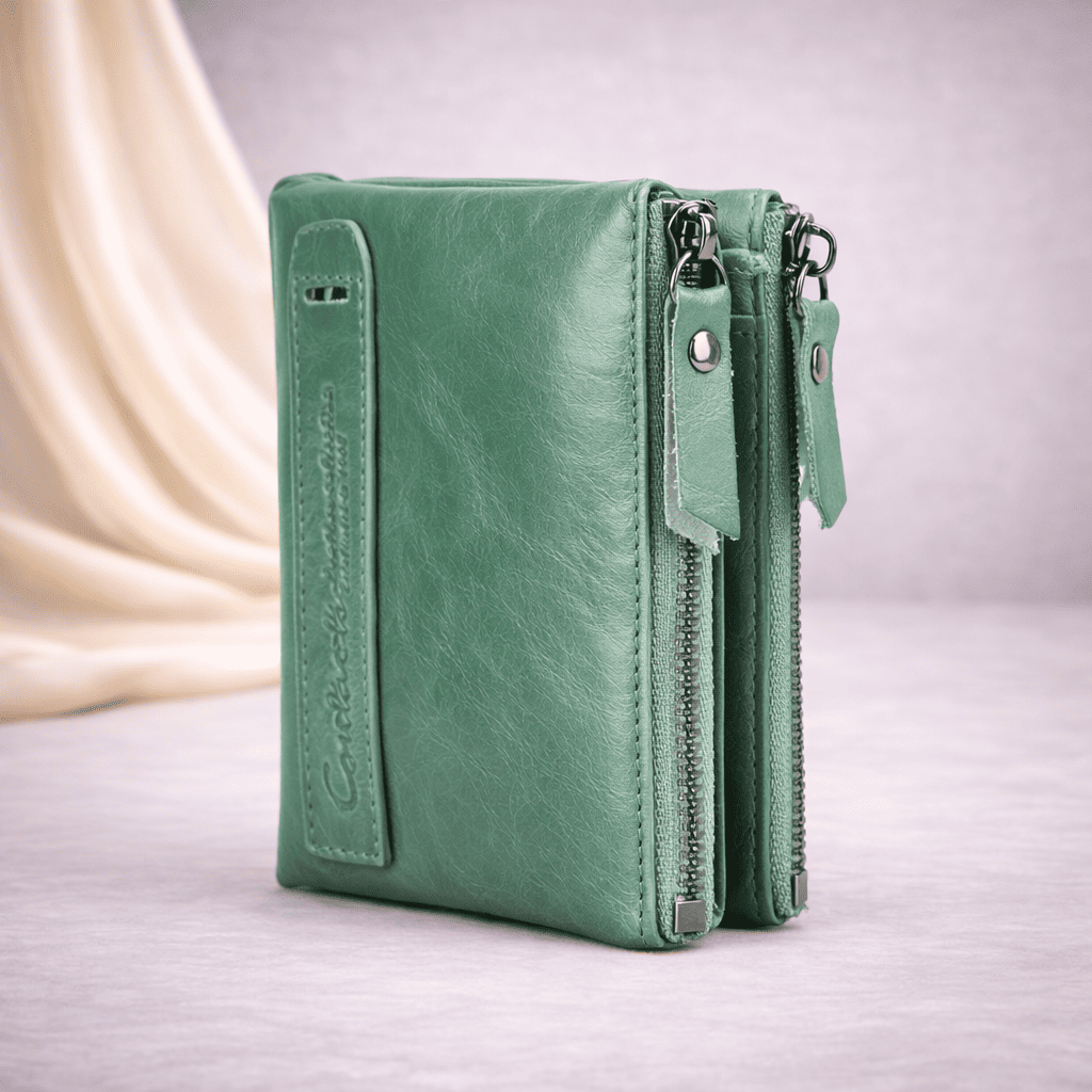 Portefeuille femme en cuir vert pin compact à double compartiment | Novaleor