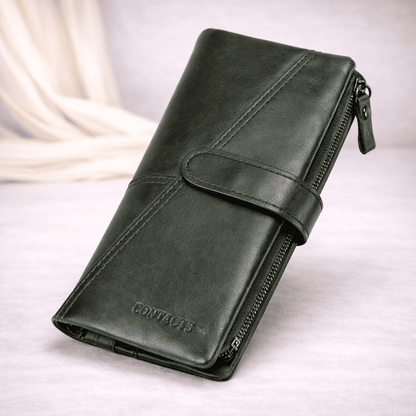 Portefeuille femme en cuir véritable vert avec fermeture zippée et languette | Novaleor