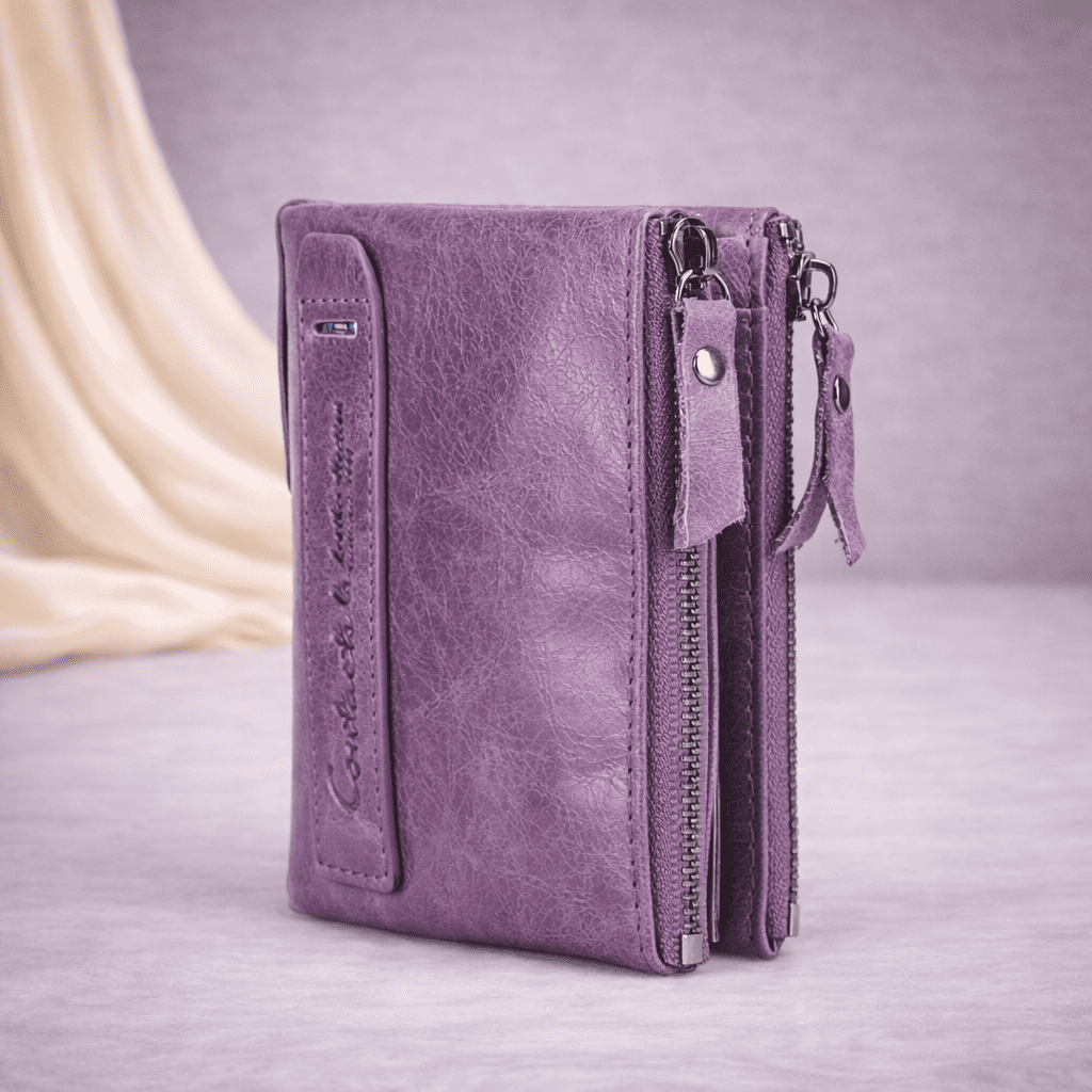 Portefeuille femme en cuir violet compact avec double fermeture zippée | Novaleor