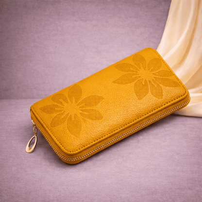 Portefeuille femme jaune en cuir texturé à motifs floraux avec fermeture éclair | Novaleor