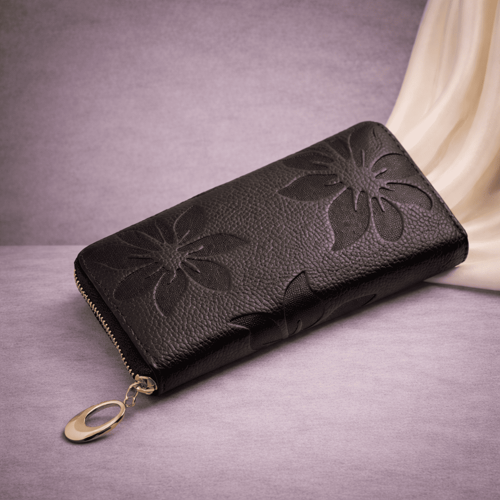 Portefeuille femme marron café en cuir texturé à motifs floraux avec fermeture éclair | Novaleor