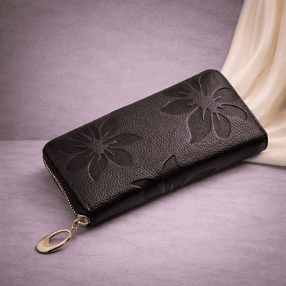 Portefeuille femme marron café en cuir texturé à motifs floraux avec fermeture éclair | Novaleor
