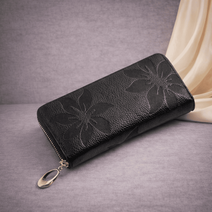 Portefeuille femme noir en cuir texturé à motifs floraux avec fermeture éclair | Novaleor