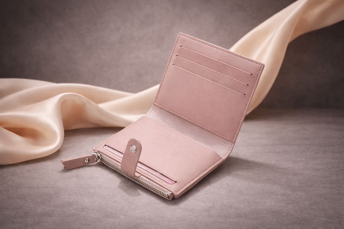 Portefeuille femme en cuir rose Novaleor – vue intérieure ouverte sans contenu sur fond premium élégant
