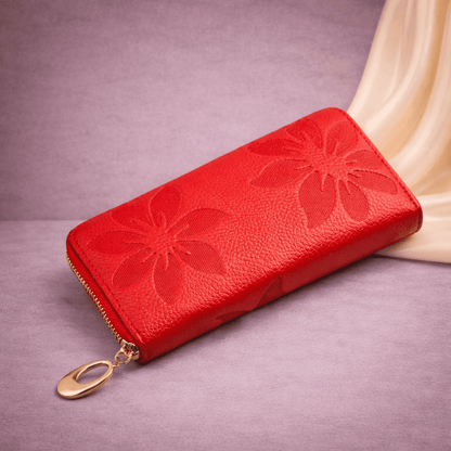 Portefeuille femme rouge en cuir texturé à motifs floraux avec fermeture éclair | Novaleor