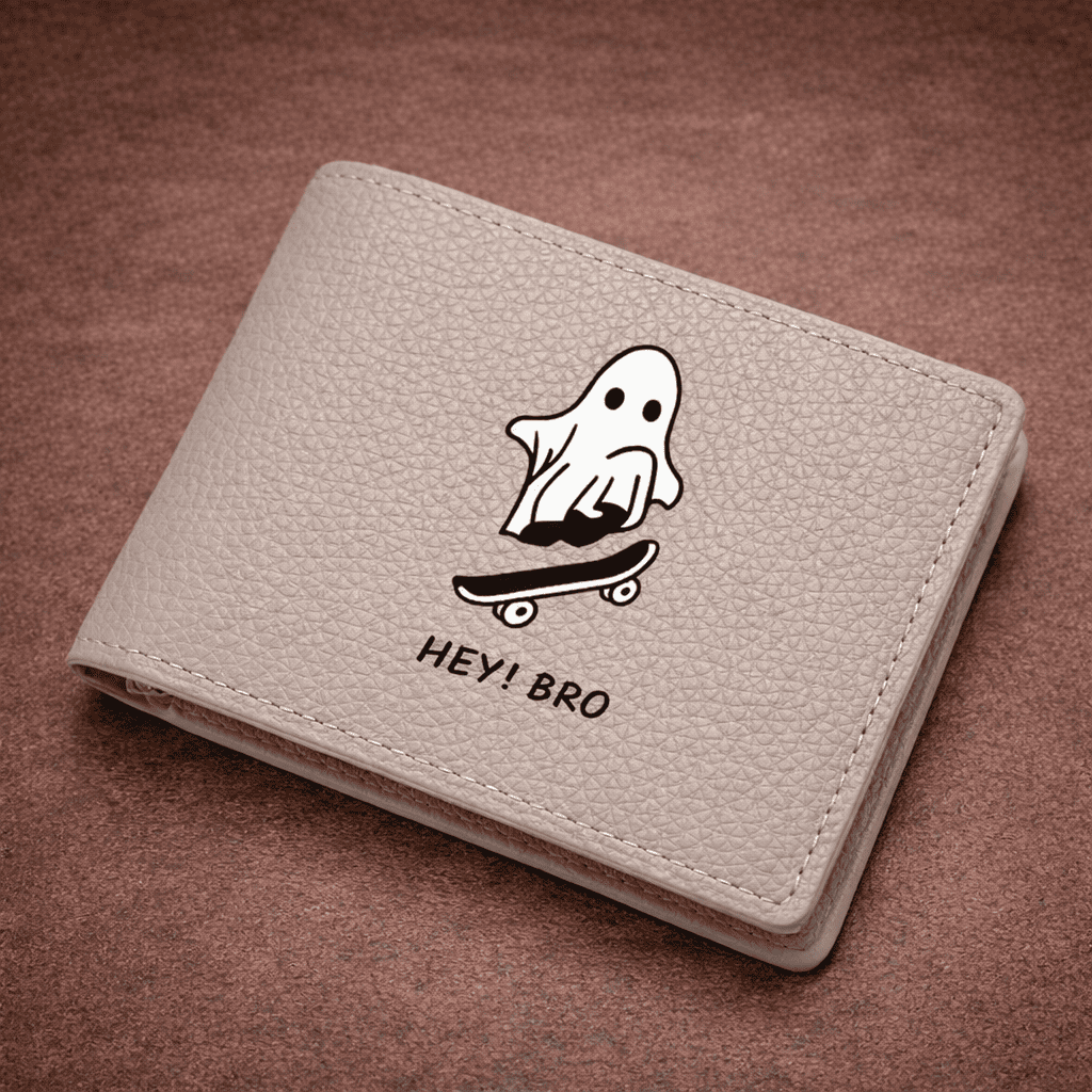 Portefeuille beige en cuir avec motif fantôme skateboard HEY ! BRO | Novaleor