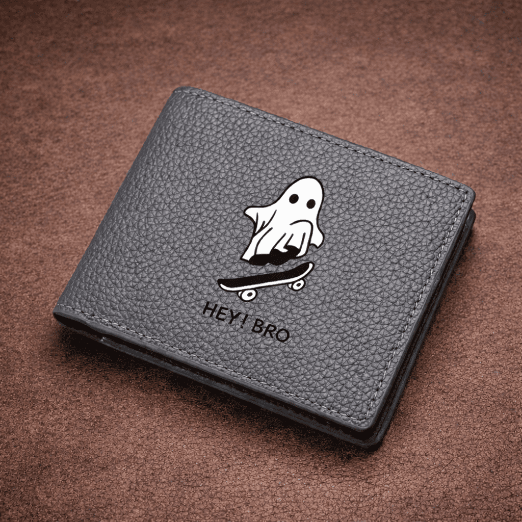 Portefeuille gris en cuir avec motif fantôme skateboard HEY ! BRO | Novaleor