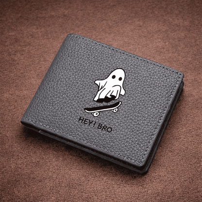Portefeuille gris en cuir avec motif fantôme skateboard HEY ! BRO | Novaleor